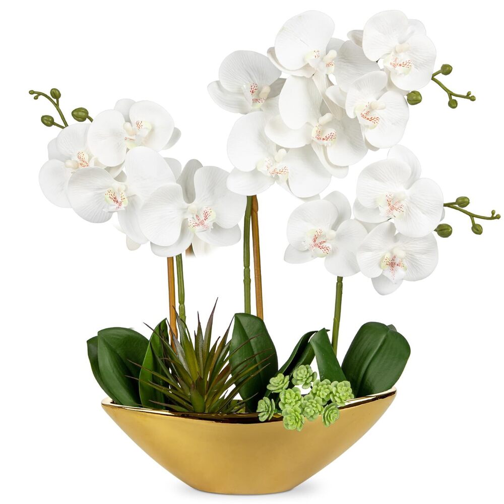 3883 Orchid Artificial Flowers 17in White Orchid Silk Flowers with Gold